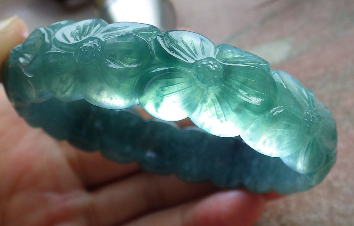 55mm Certified Hand Carved Green Natural Grade A JADE Jadeite Flower Bangle Bracelet