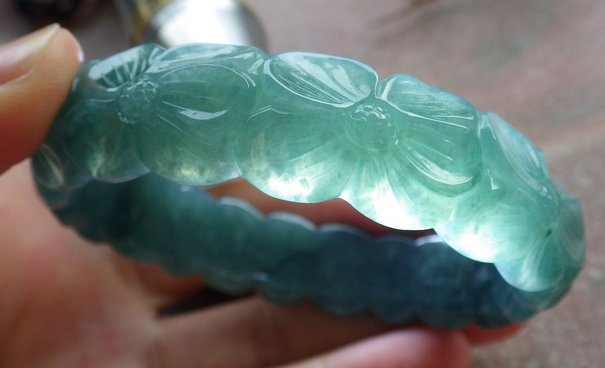 55mm Certified Hand Carved Green Natural Grade A JADE Jadeite Flower Bangle Bracelet