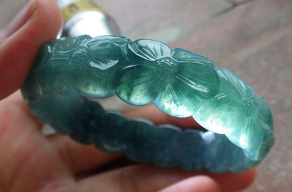 55mm Certified Hand Carved Green Natural Grade A JADE Jadeite Flower Bangle Bracelet