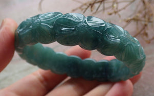 55mm Certified Hand Carved Green Natural Grade A JADE Jadeite Flower Bangle Bracelet