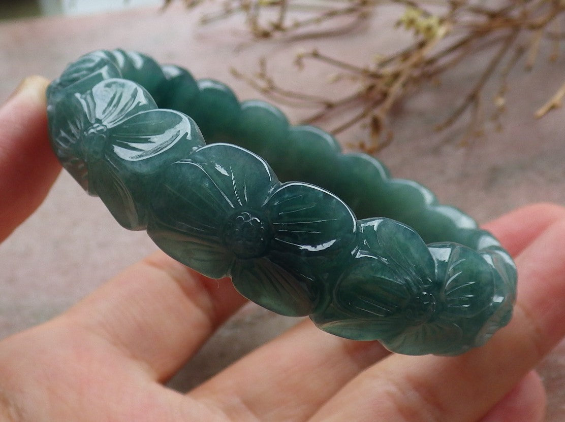 55mm Certified Hand Carved Green Natural Grade A JADE Jadeite Flower Bangle Bracelet