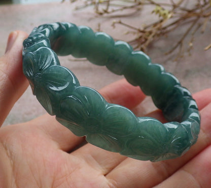 55mm Certified Hand Carved Green Natural Grade A JADE Jadeite Flower Bangle Bracelet