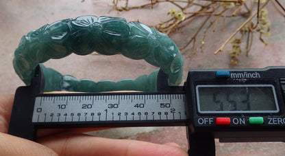 55mm Certified Hand Carved Green Natural Grade A JADE Jadeite Flower Bangle Bracelet