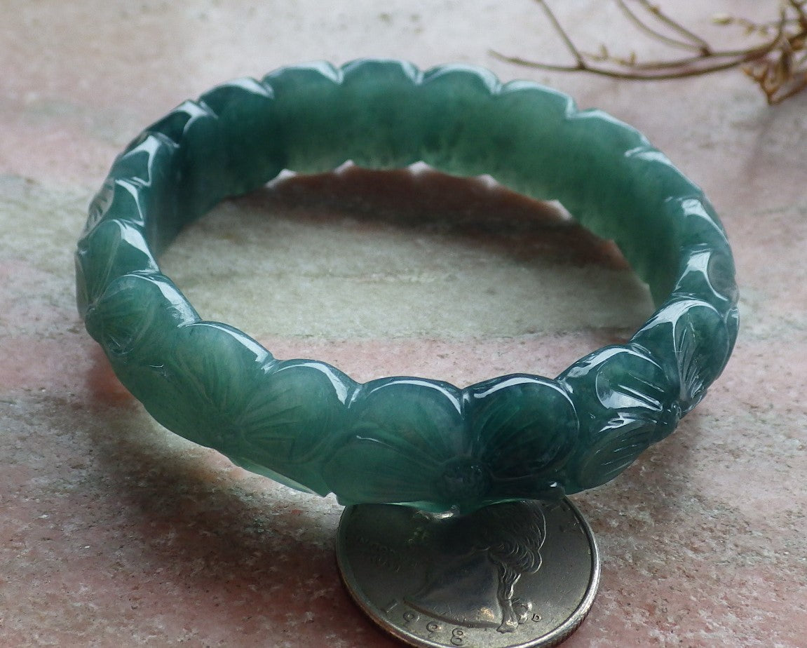 55mm Certified Hand Carved Green Natural Grade A JADE Jadeite Flower Bangle Bracelet