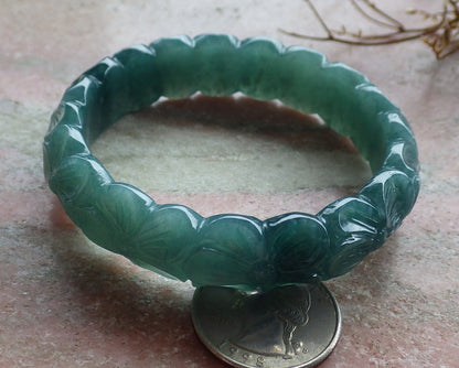 55mm Certified Hand Carved Green Natural Grade A JADE Jadeite Flower Bangle Bracelet