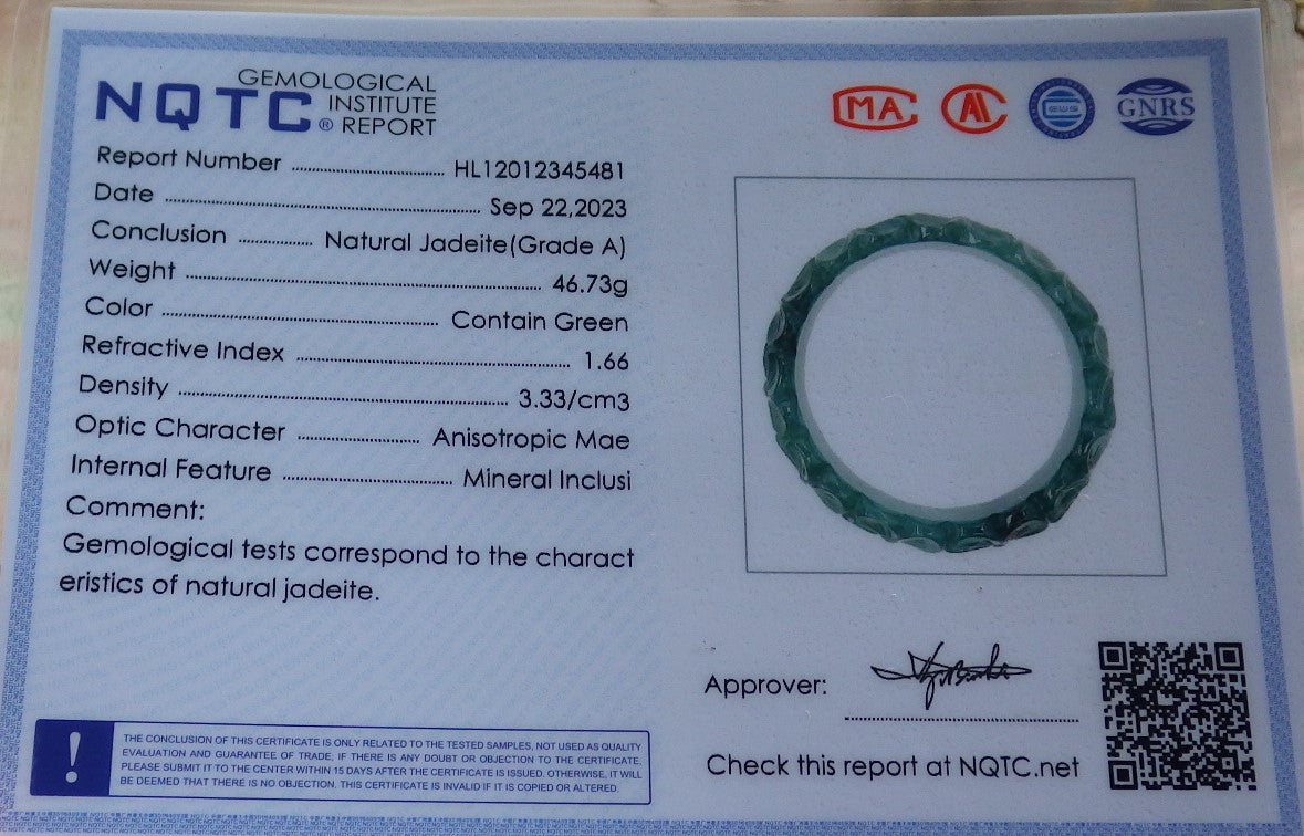 55mm Certified Hand Carved Green Natural Grade A JADE Jadeite Flower Bangle Bracelet