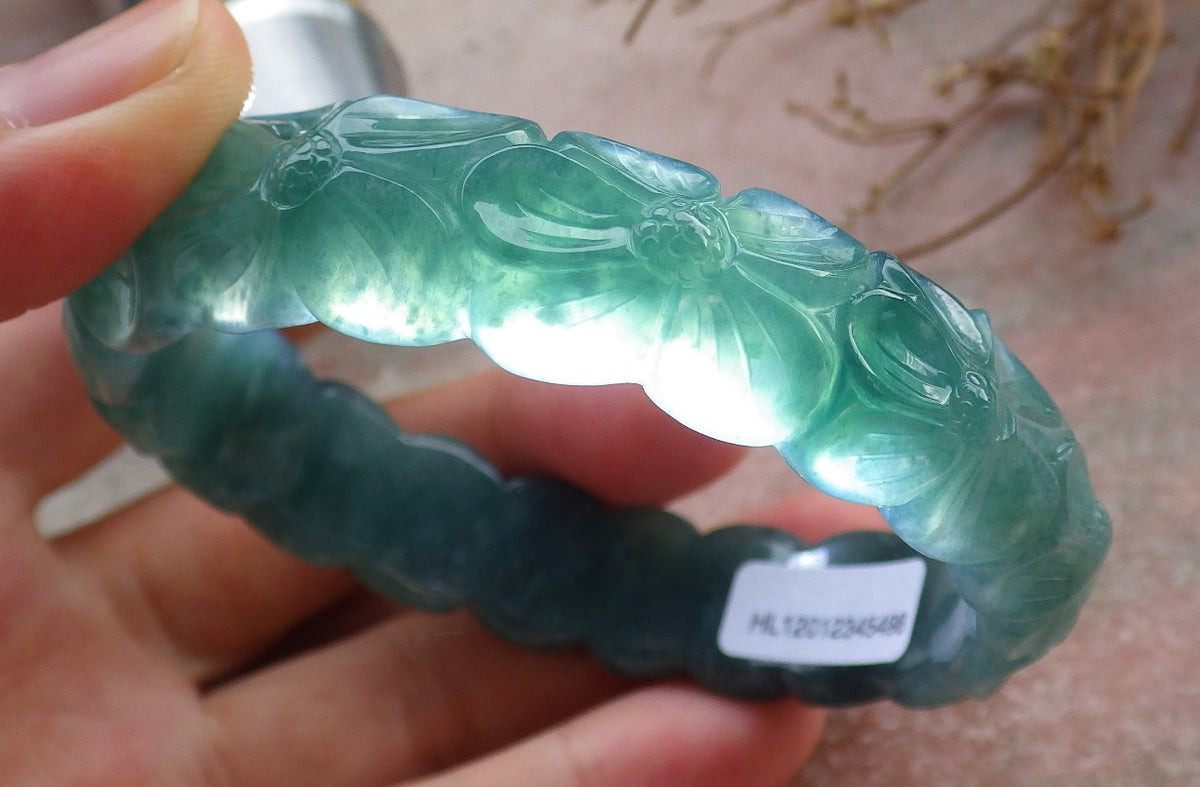 58mm Certified Hand Carved Natural A JADE Jadeite Rose Flower Circle Bangle Bracelet