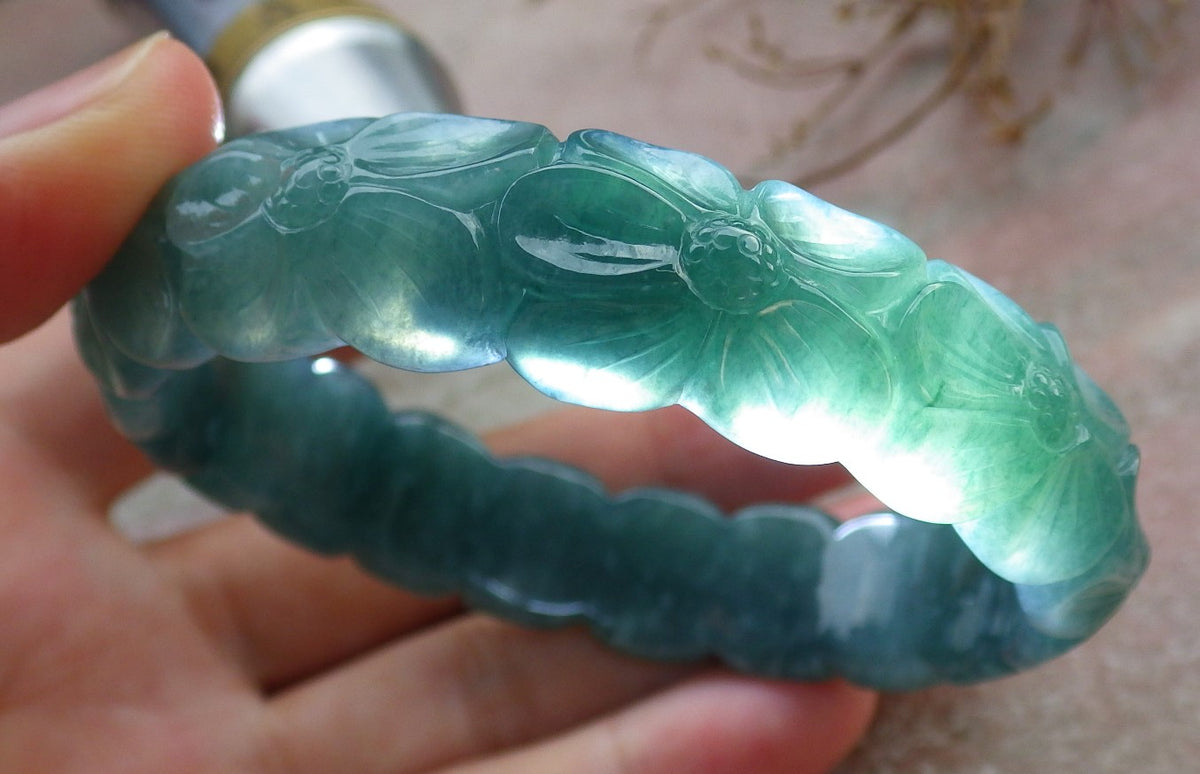 58mm Certified Hand Carved Natural A JADE Jadeite Rose Flower Circle Bangle Bracelet