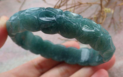 58mm Certified Hand Carved Natural A JADE Jadeite Rose Flower Circle Bangle Bracelet