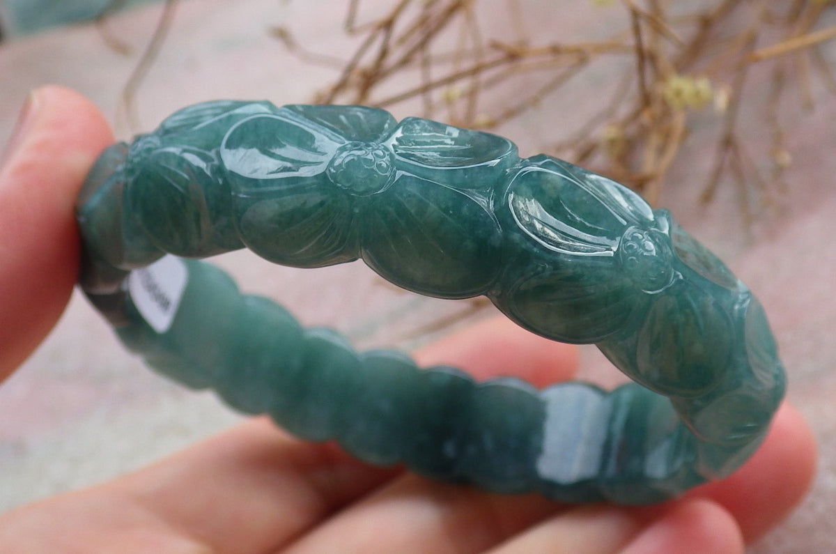 58mm Certified Hand Carved Natural A JADE Jadeite Rose Flower Circle Bangle Bracelet