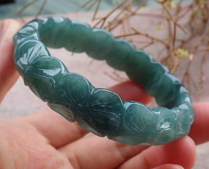 58mm Certified Hand Carved Natural A JADE Jadeite Rose Flower Circle Bangle Bracelet