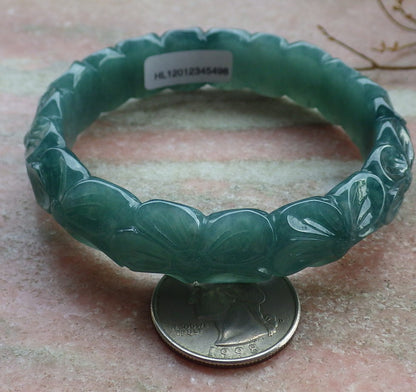 58mm Certified Hand Carved Natural A JADE Jadeite Rose Flower Circle Bangle Bracelet
