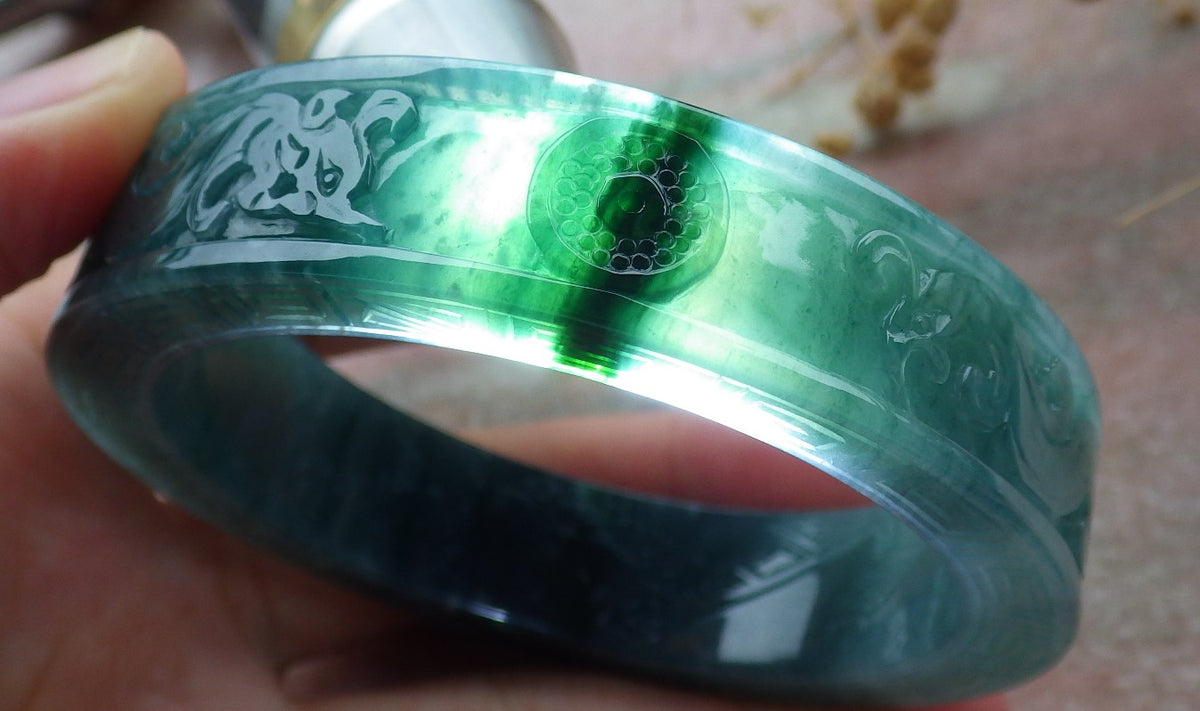 58mm Certified Hand Carved Blue Water Green Natural A JADE Jadeite Dragon Phoenix Circle Bangle Bracelet