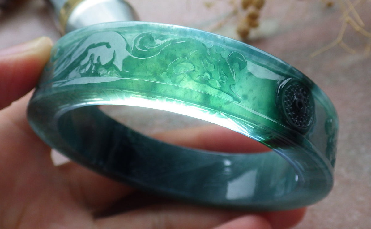 58mm Certified Hand Carved Blue Water Green Natural A JADE Jadeite Dragon Phoenix Circle Bangle Bracelet