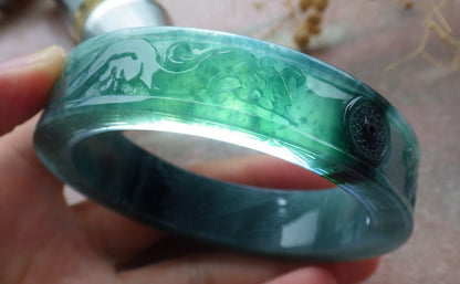 58mm Certified Hand Carved Blue Water Green Natural A JADE Jadeite Dragon Phoenix Circle Bangle Bracelet