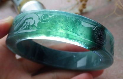 58mm Certified Hand Carved Blue Water Green Natural A JADE Jadeite Dragon Phoenix Circle Bangle Bracelet