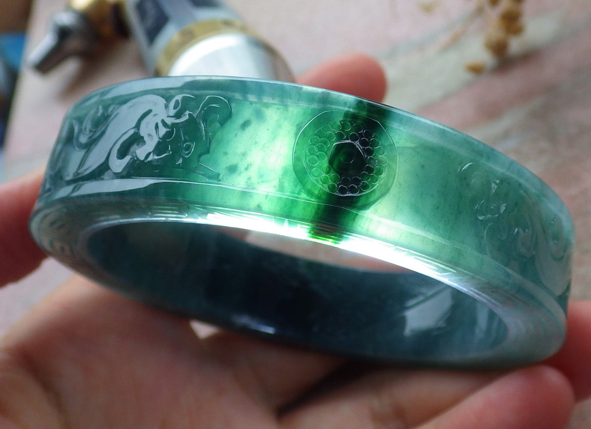 58mm Certified Hand Carved Blue Water Green Natural A JADE Jadeite Dragon Phoenix Circle Bangle Bracelet