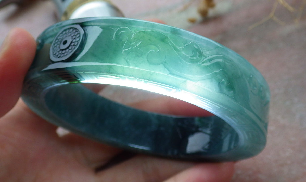 58mm Certified Hand Carved Blue Water Green Natural A JADE Jadeite Dragon Phoenix Circle Bangle Bracelet