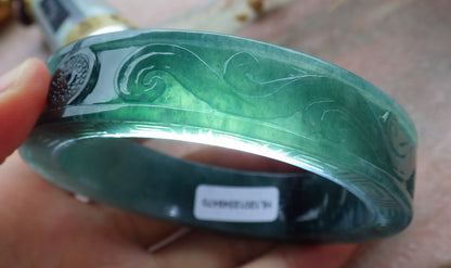 58mm Certified Hand Carved Blue Water Green Natural A JADE Jadeite Dragon Phoenix Circle Bangle Bracelet