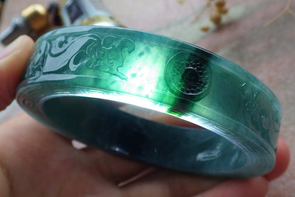 58mm Certified Hand Carved Blue Water Green Natural A JADE Jadeite Dragon Phoenix Circle Bangle Bracelet
