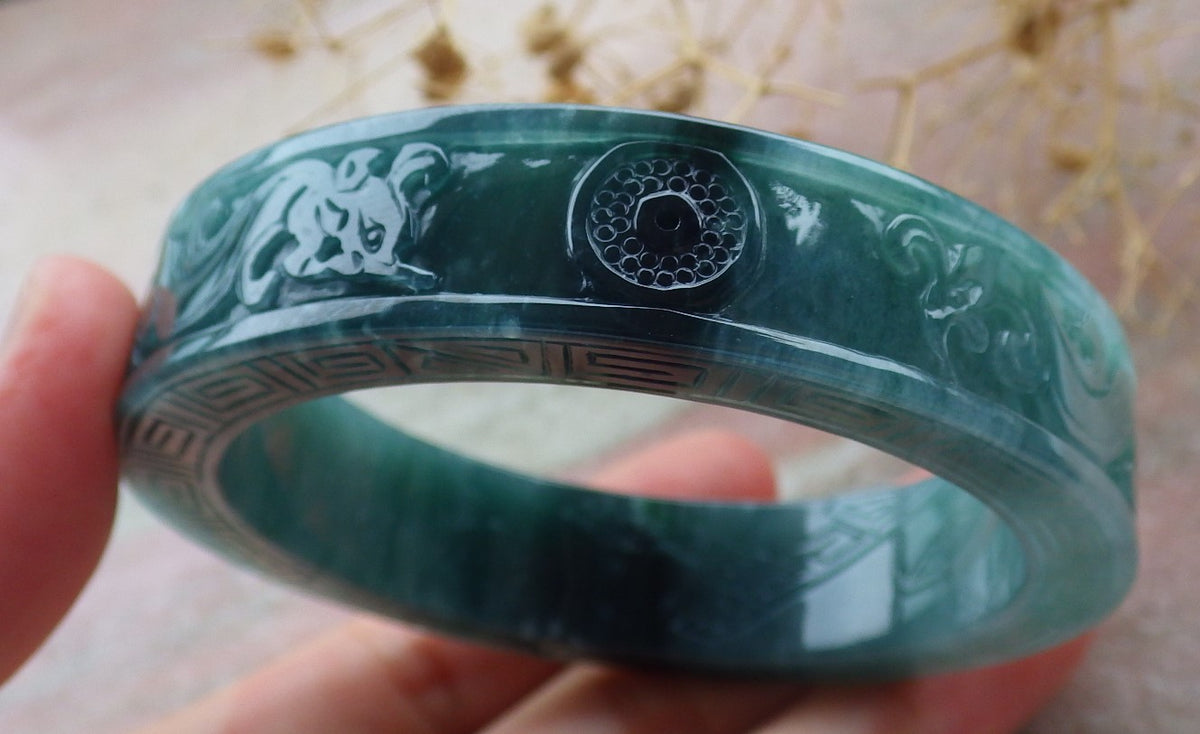 58mm Certified Hand Carved Blue Water Green Natural A JADE Jadeite Dragon Phoenix Circle Bangle Bracelet