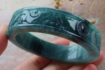 58mm Certified Hand Carved Blue Water Green Natural A JADE Jadeite Dragon Phoenix Circle Bangle Bracelet