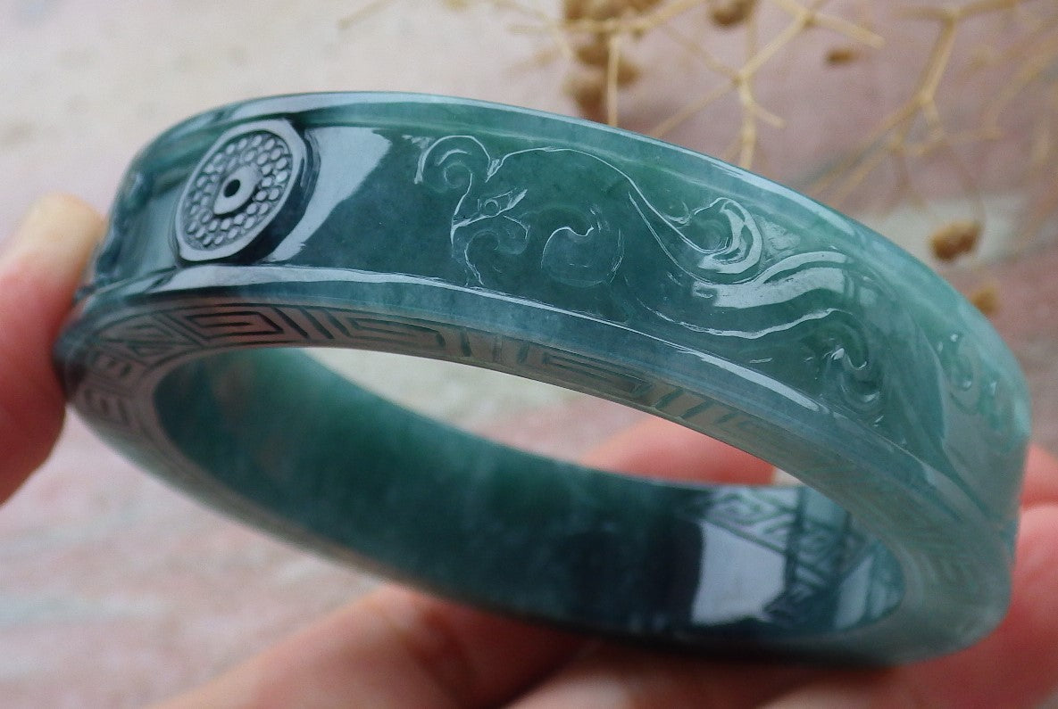 58mm Certified Hand Carved Blue Water Green Natural A JADE Jadeite Dragon Phoenix Circle Bangle Bracelet