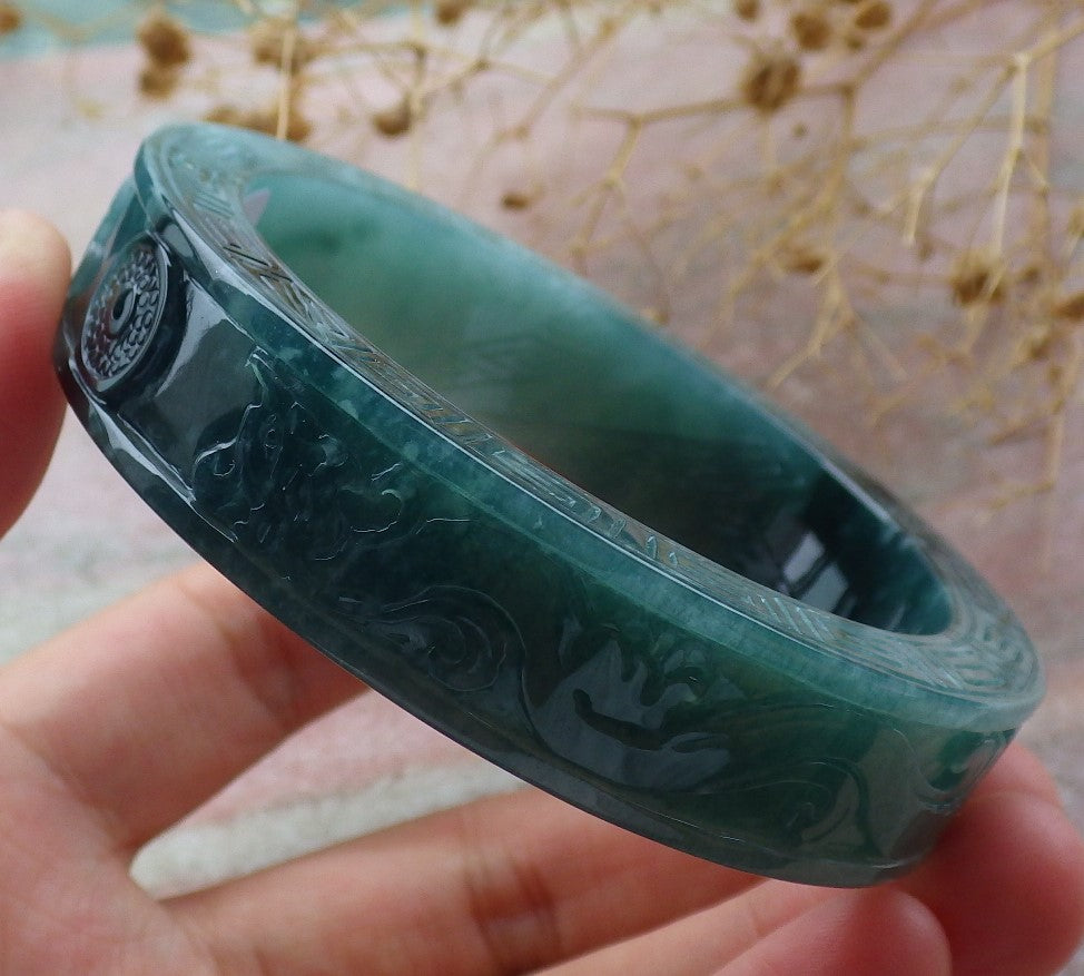 58mm Certified Hand Carved Blue Water Green Natural A JADE Jadeite Dragon Phoenix Circle Bangle Bracelet