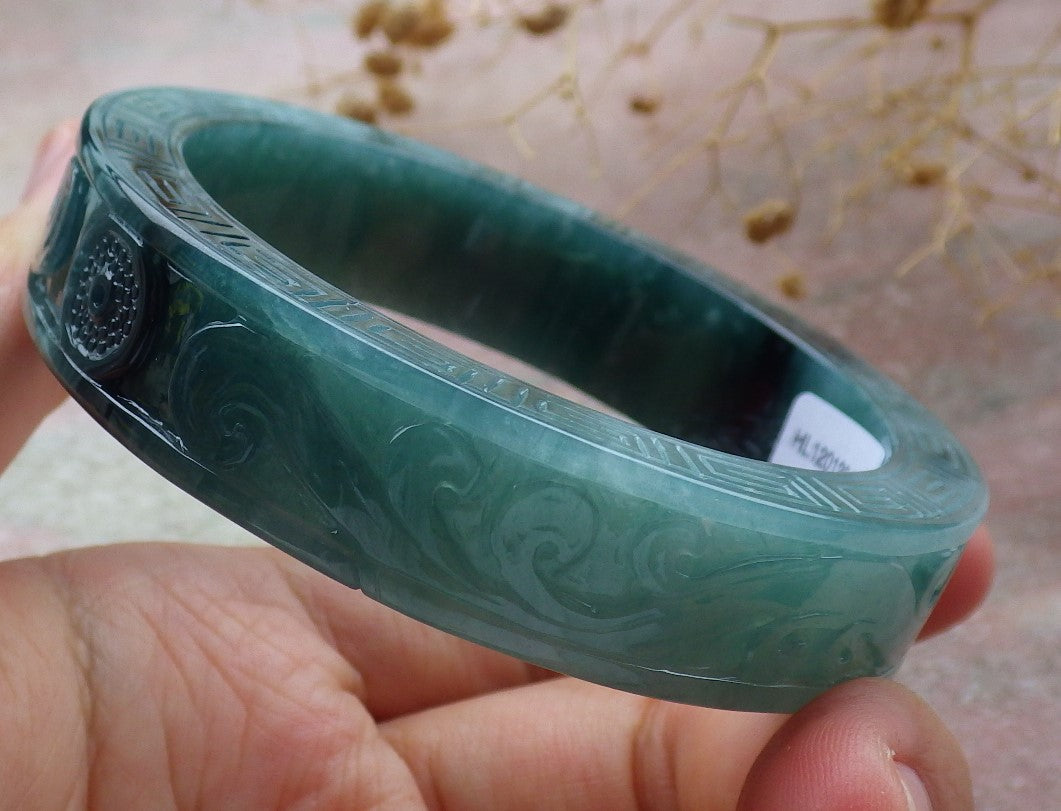 58mm Certified Hand Carved Blue Water Green Natural A JADE Jadeite Dragon Phoenix Circle Bangle Bracelet