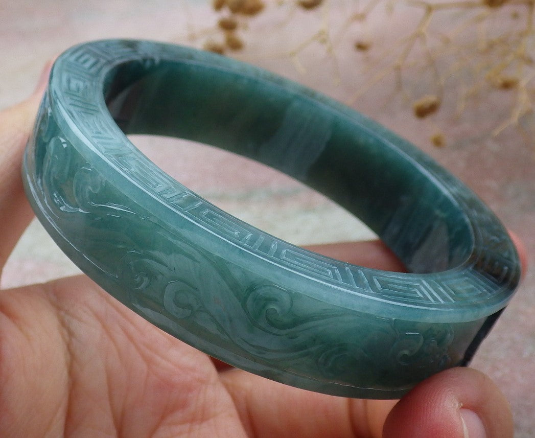 58mm Certified Hand Carved Blue Water Green Natural A JADE Jadeite Dragon Phoenix Circle Bangle Bracelet