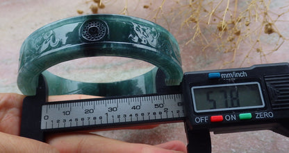 58mm Certified Hand Carved Blue Water Green Natural A JADE Jadeite Dragon Phoenix Circle Bangle Bracelet