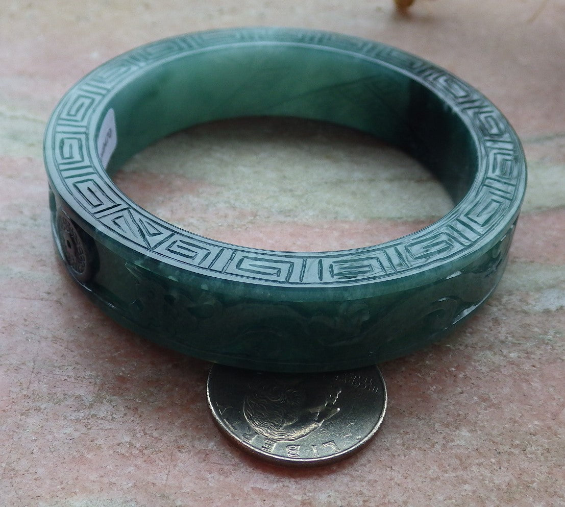 58mm Certified Hand Carved Blue Water Green Natural A JADE Jadeite Dragon Phoenix Circle Bangle Bracelet