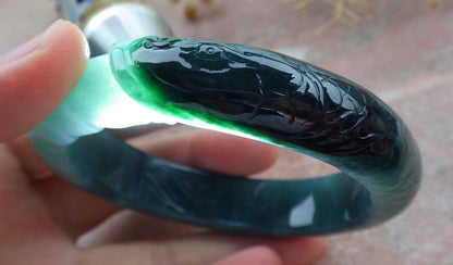 60mm Certified Hand Carved Natural A JADE Jadeite Dragon Fish Circle Bangle Bracelet