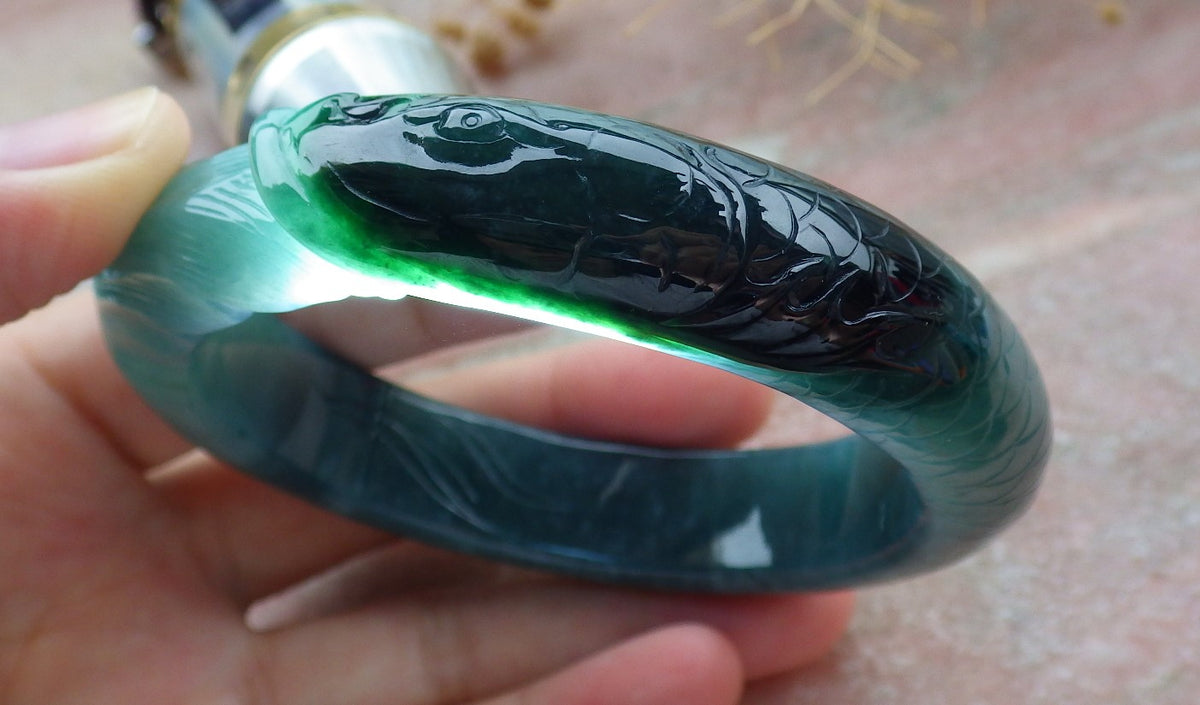 60mm Certified Hand Carved Natural A JADE Jadeite Dragon Fish Circle Bangle Bracelet