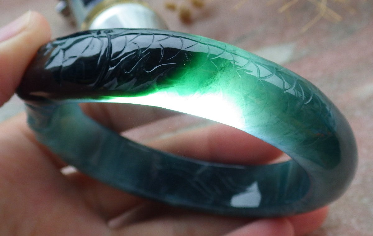 60mm Certified Hand Carved Natural A JADE Jadeite Dragon Fish Circle Bangle Bracelet