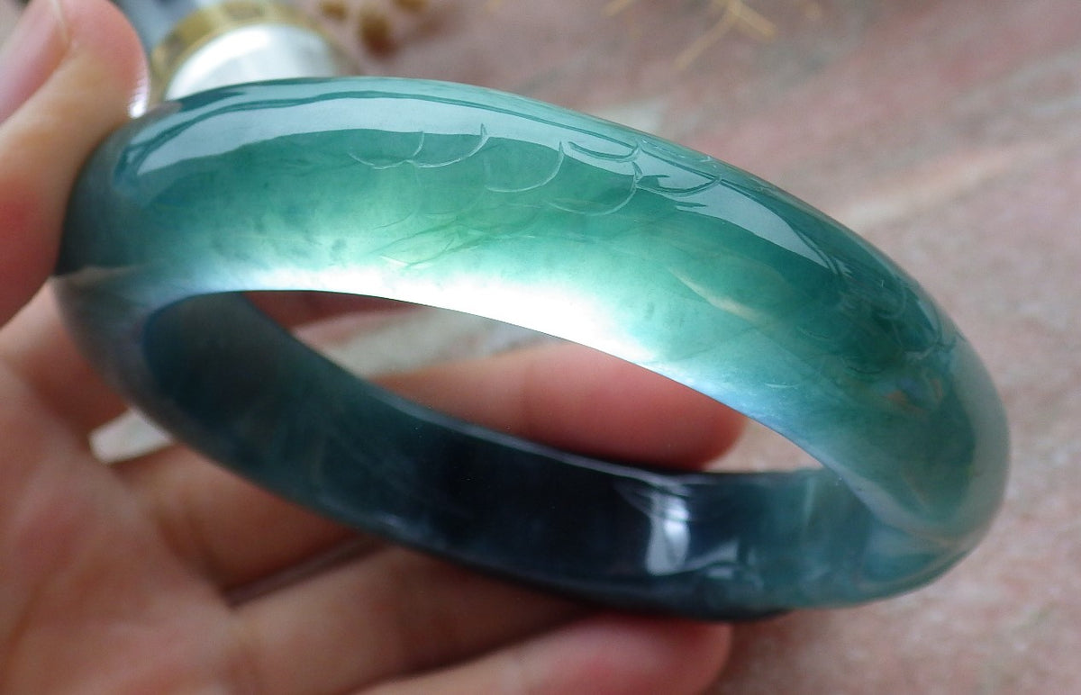 60mm Certified Hand Carved Natural A JADE Jadeite Dragon Fish Circle Bangle Bracelet