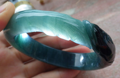 60mm Certified Hand Carved Natural A JADE Jadeite Dragon Fish Circle Bangle Bracelet