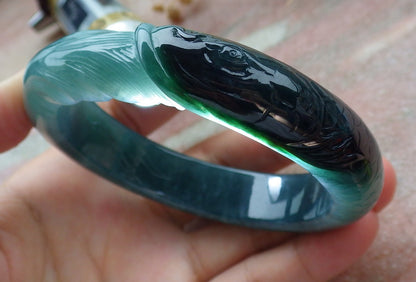 60mm Certified Hand Carved Natural A JADE Jadeite Dragon Fish Circle Bangle Bracelet