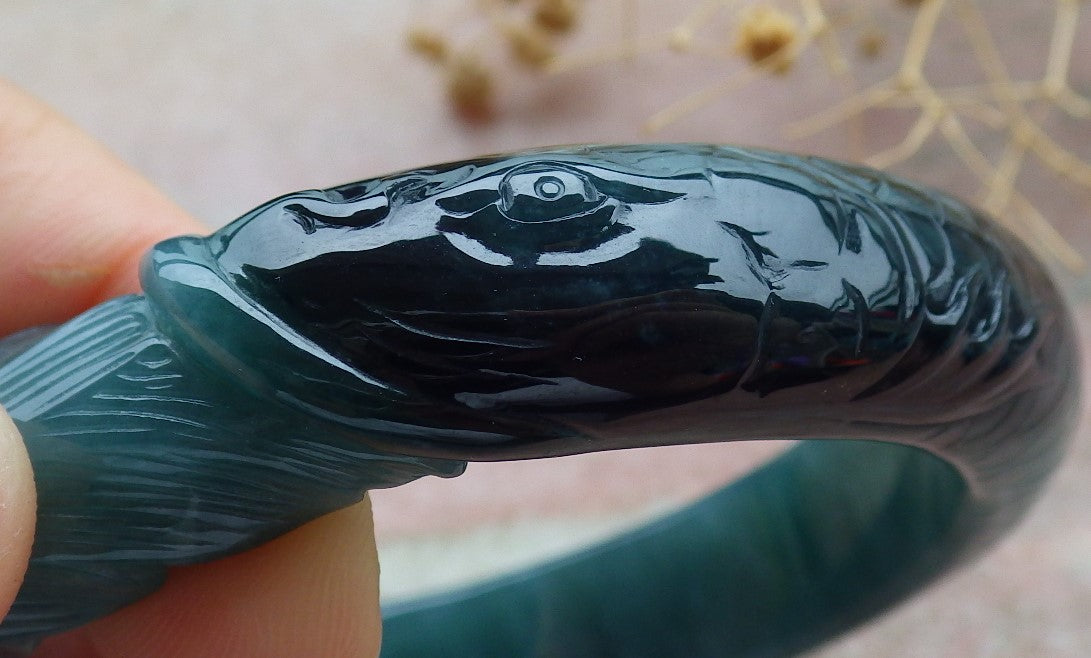 60mm Certified Hand Carved Natural A JADE Jadeite Dragon Fish Circle Bangle Bracelet