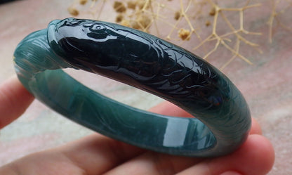 60mm Certified Hand Carved Natural A JADE Jadeite Dragon Fish Circle Bangle Bracelet