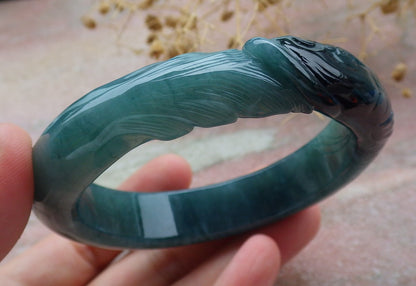 60mm Certified Hand Carved Natural A JADE Jadeite Dragon Fish Circle Bangle Bracelet