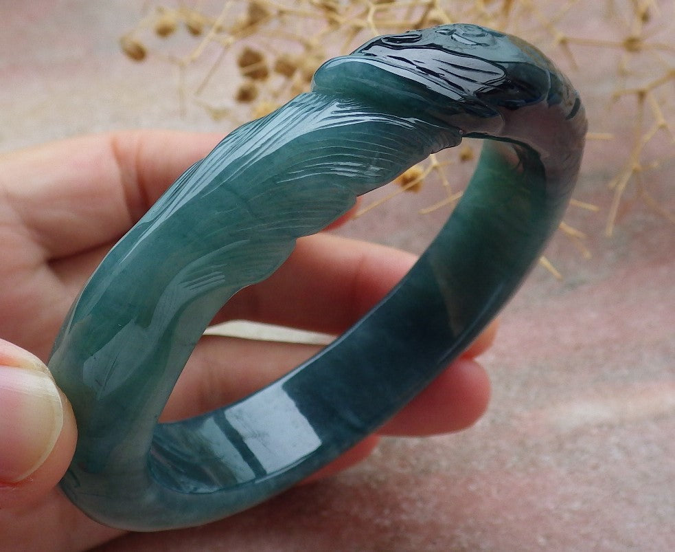 60mm Certified Hand Carved Natural A JADE Jadeite Dragon Fish Circle Bangle Bracelet