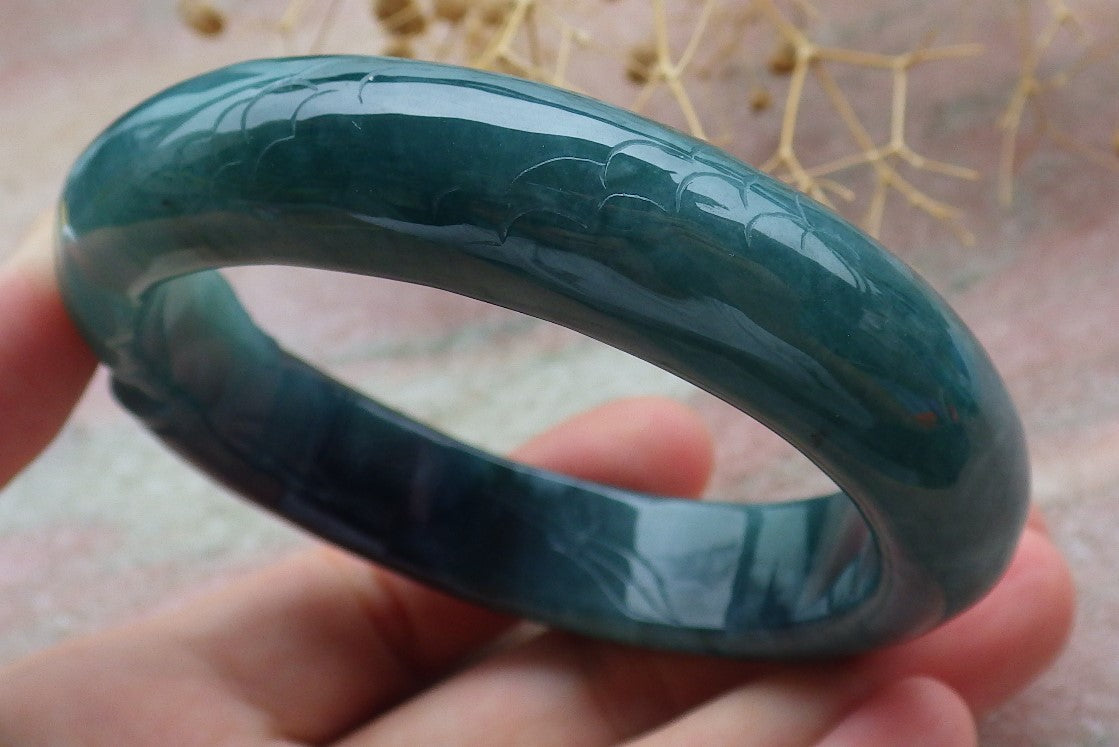60mm Certified Hand Carved Natural A JADE Jadeite Dragon Fish Circle Bangle Bracelet
