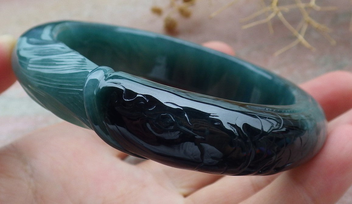 60mm Certified Hand Carved Natural A JADE Jadeite Dragon Fish Circle Bangle Bracelet