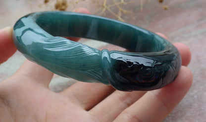 60mm Certified Hand Carved Natural A JADE Jadeite Dragon Fish Circle Bangle Bracelet