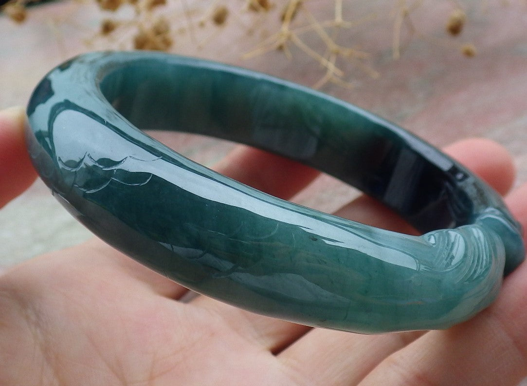 60mm Certified Hand Carved Natural A JADE Jadeite Dragon Fish Circle Bangle Bracelet