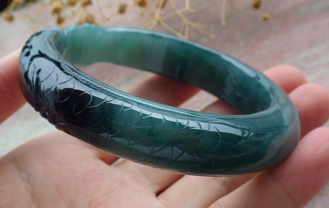 60mm Certified Hand Carved Natural A JADE Jadeite Dragon Fish Circle Bangle Bracelet