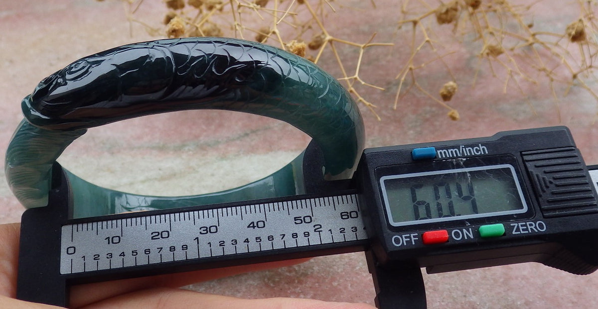 60mm Certified Hand Carved Natural A JADE Jadeite Dragon Fish Circle Bangle Bracelet