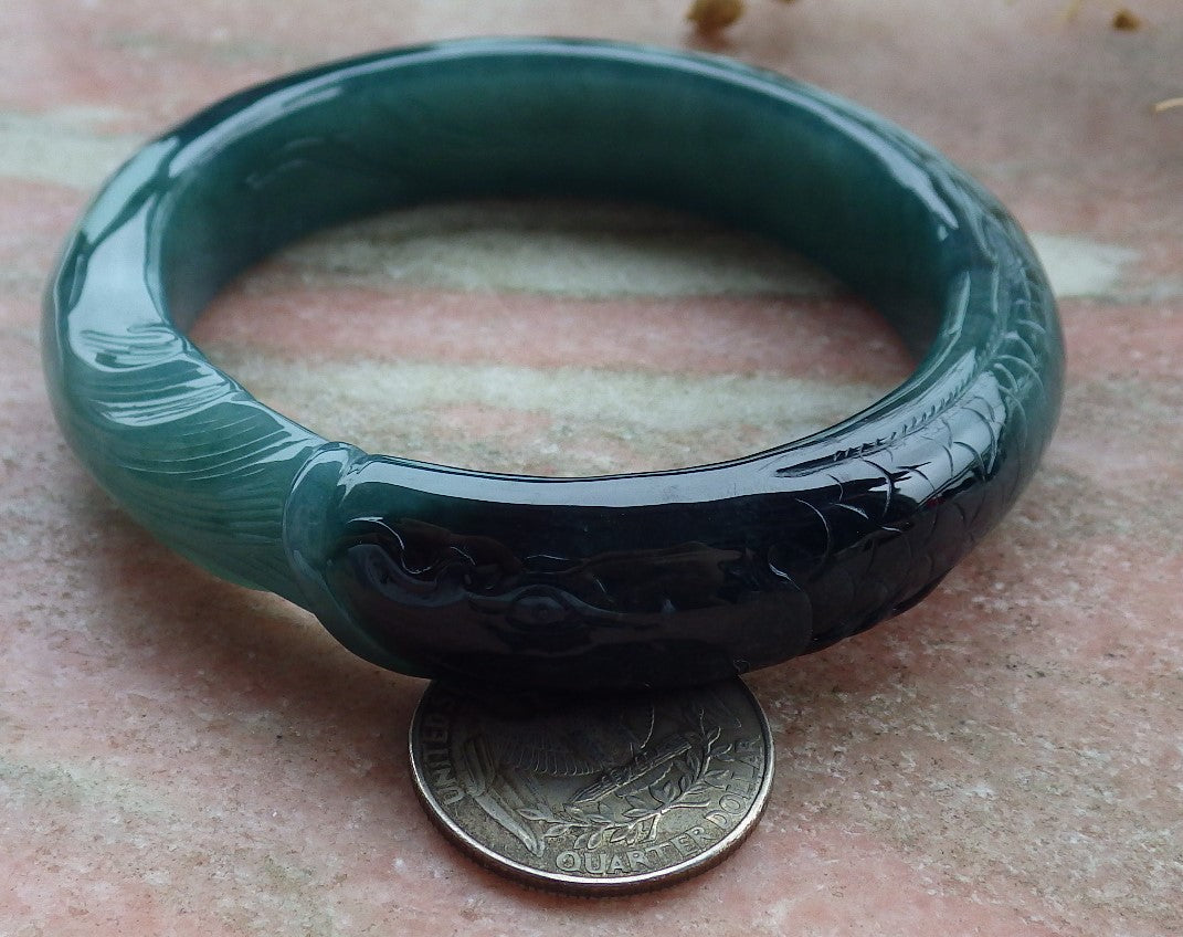 60mm Certified Hand Carved Natural A JADE Jadeite Dragon Fish Circle Bangle Bracelet