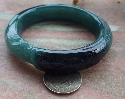 60mm Certified Hand Carved Natural A JADE Jadeite Dragon Fish Circle Bangle Bracelet